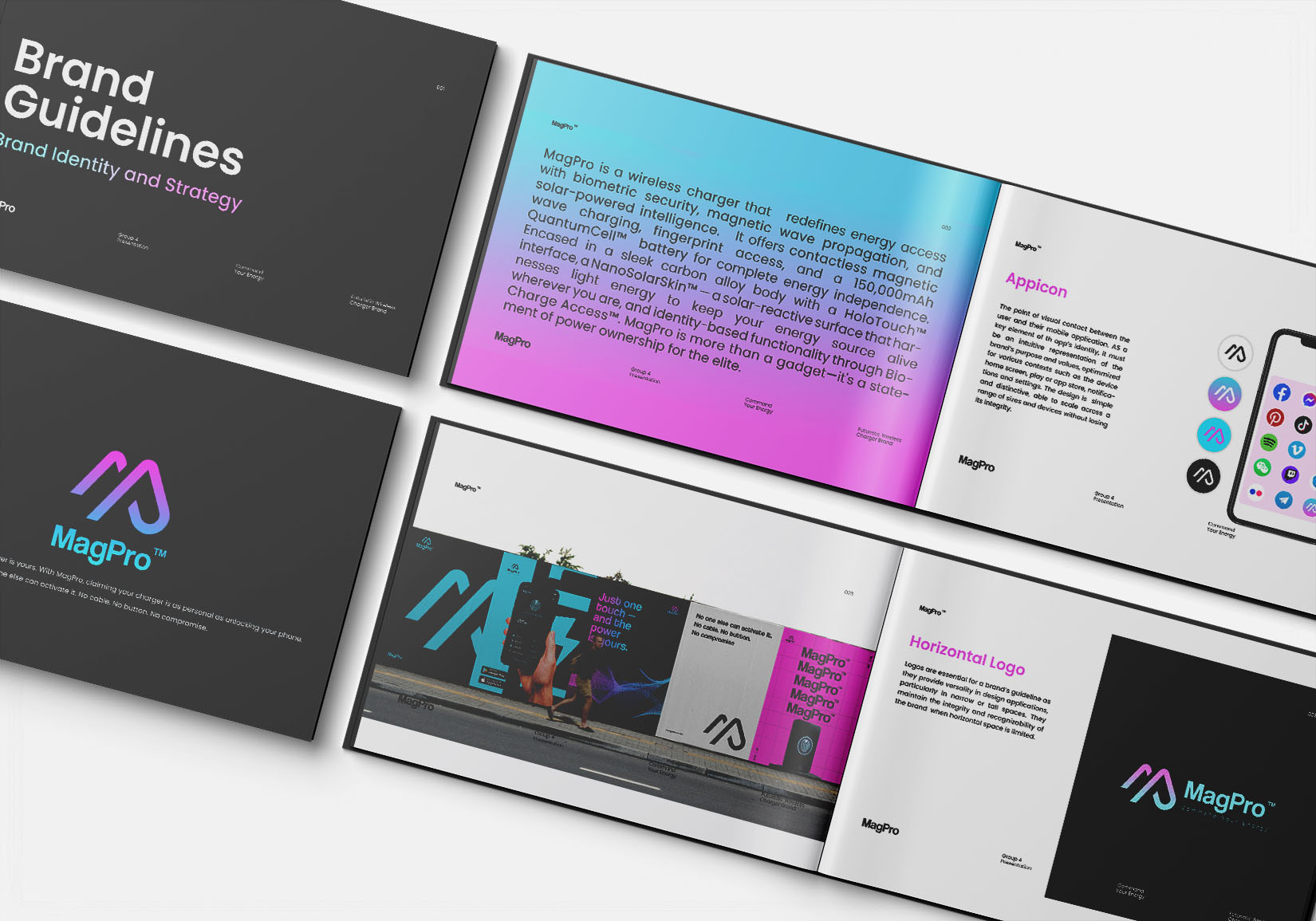 Several pages from the MagPro Brand Guidelines book laid out, showing the cover, logo usage, and strategy pages designed by invollv.