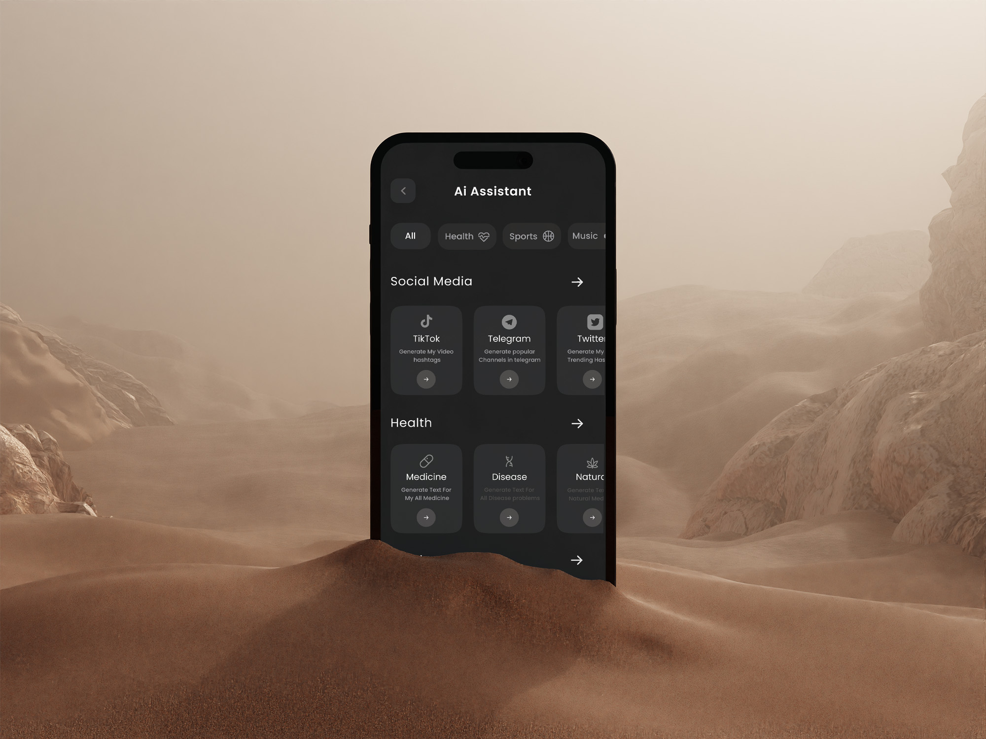 A close-up view of the Rutherford AI app on a smartphone, displaying categories like "Social Media" and "Health" with specialized AI tools.