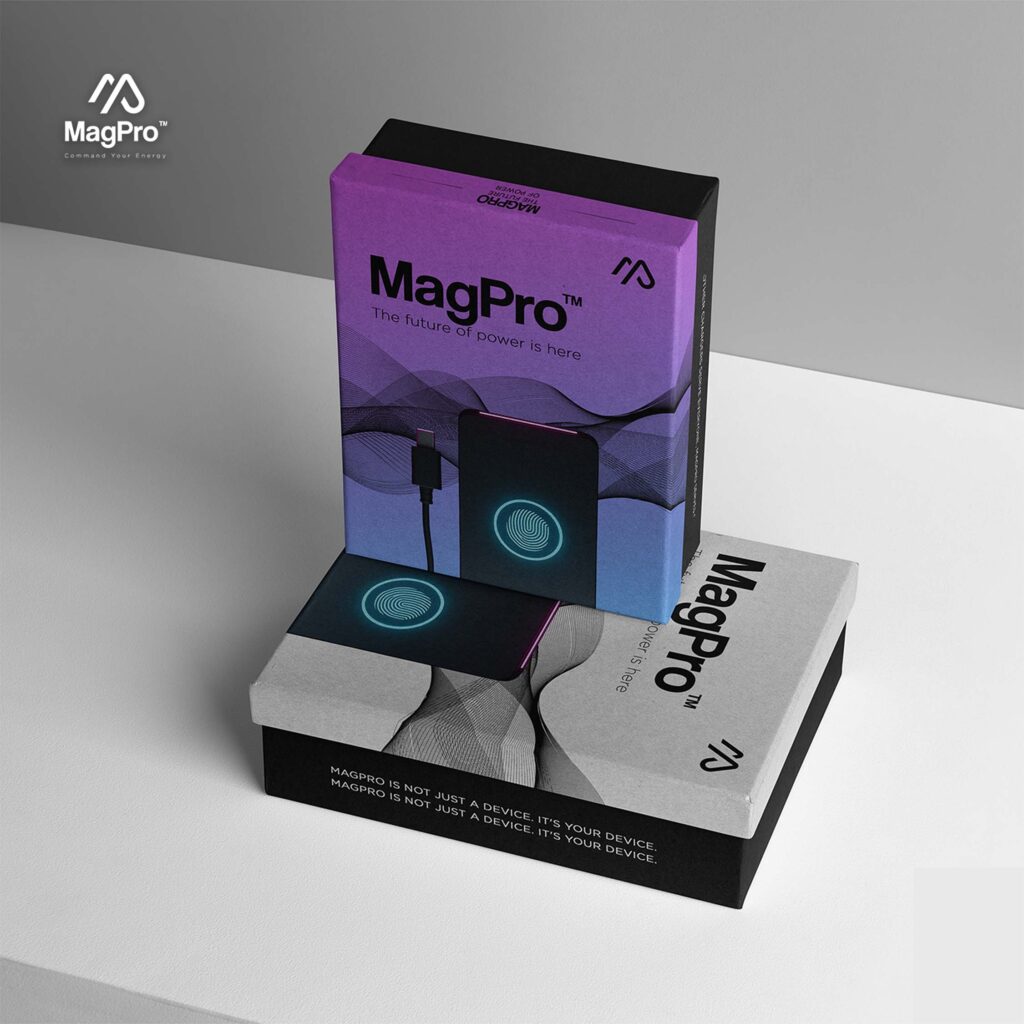 The purple and black retail box for the MagPro power bank, showcasing the packaging design by invollv.