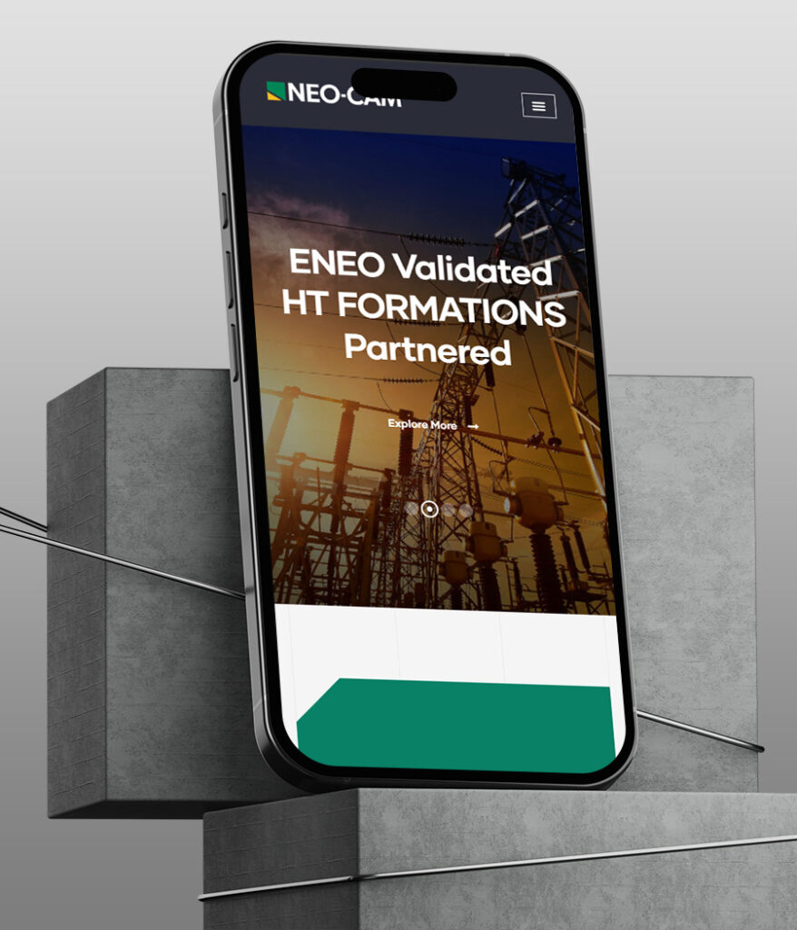 A smartphone screen displays the NEO-CAM mobile website.