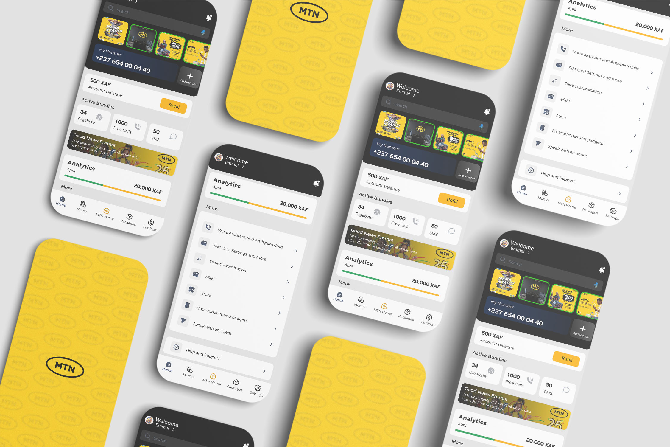 Multiple screens from a MTN App UI, showing account balances, data bundles, and navigation menus. Design work by Invollv.