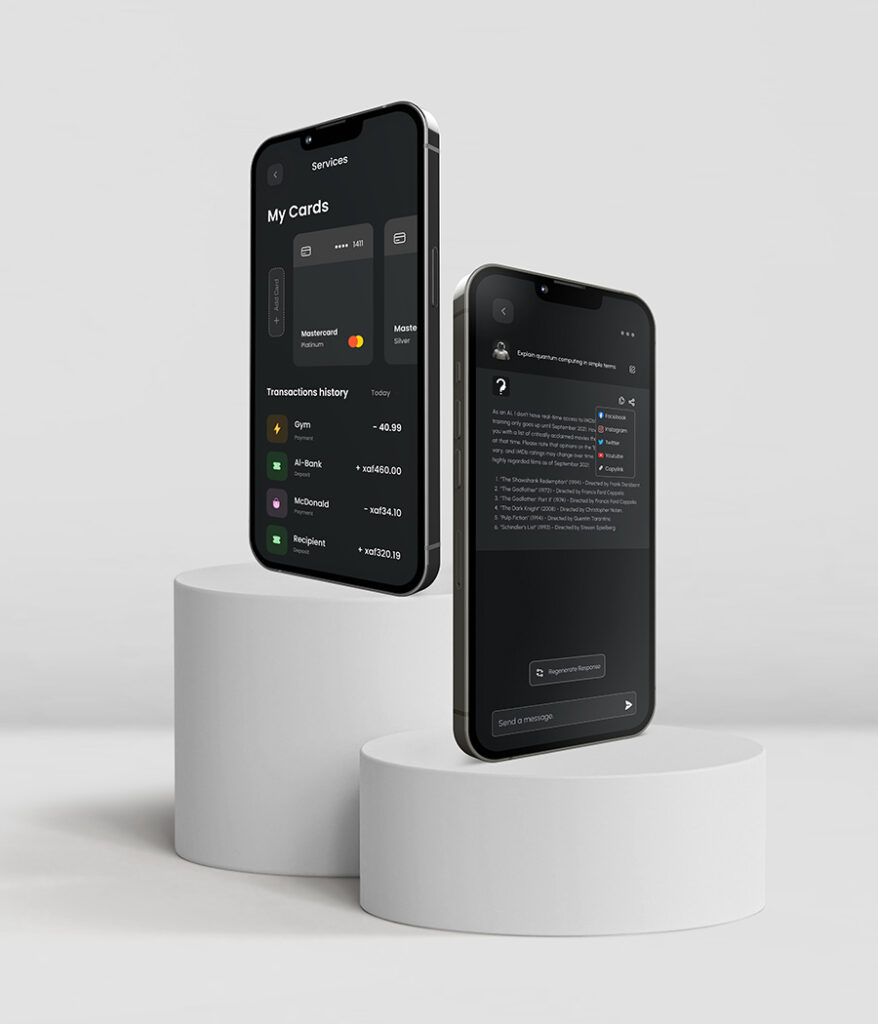 A composition of three smartphones displaying various Rutherford AI app screens, including a transaction history interface and a close-up of the AI chat response area.
