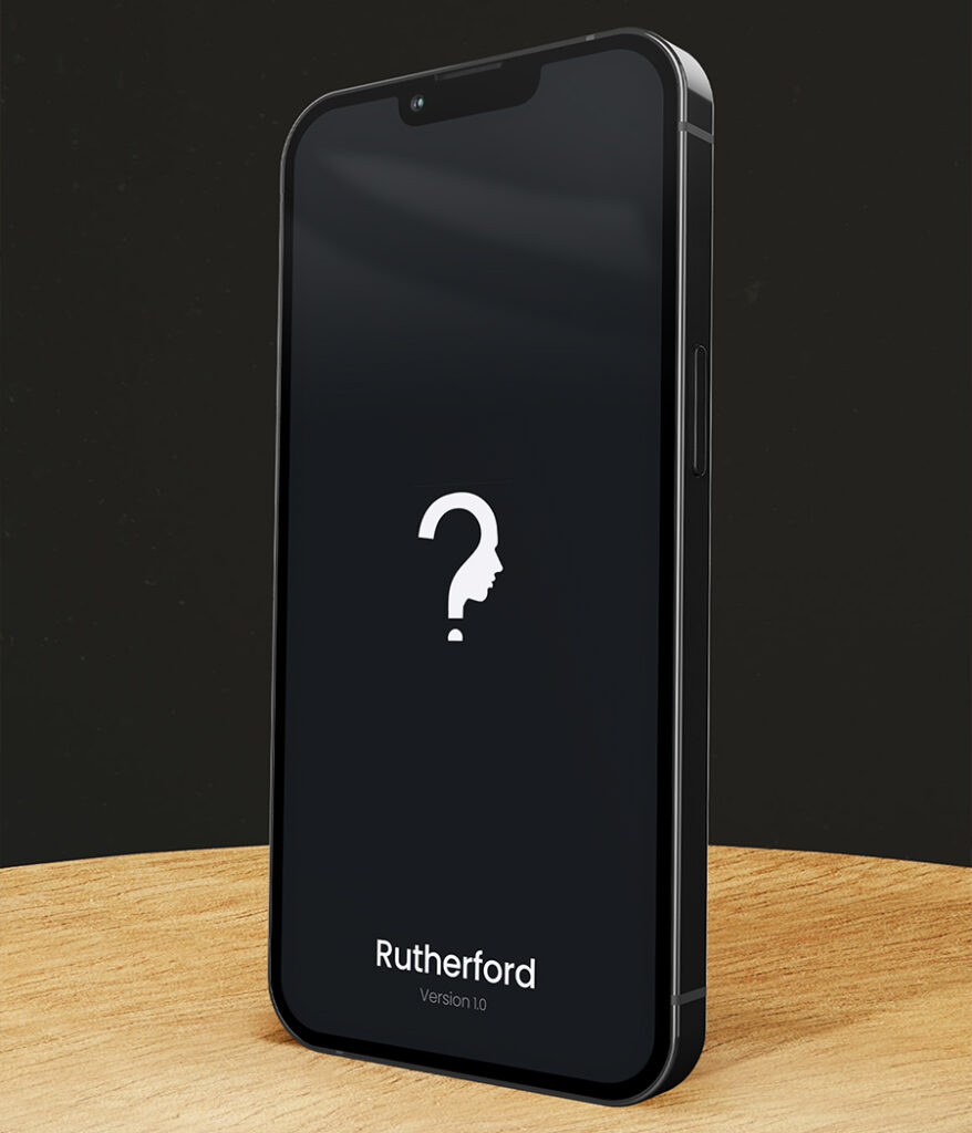 the Rutherford AI app's splash screen featuring a dark mode design