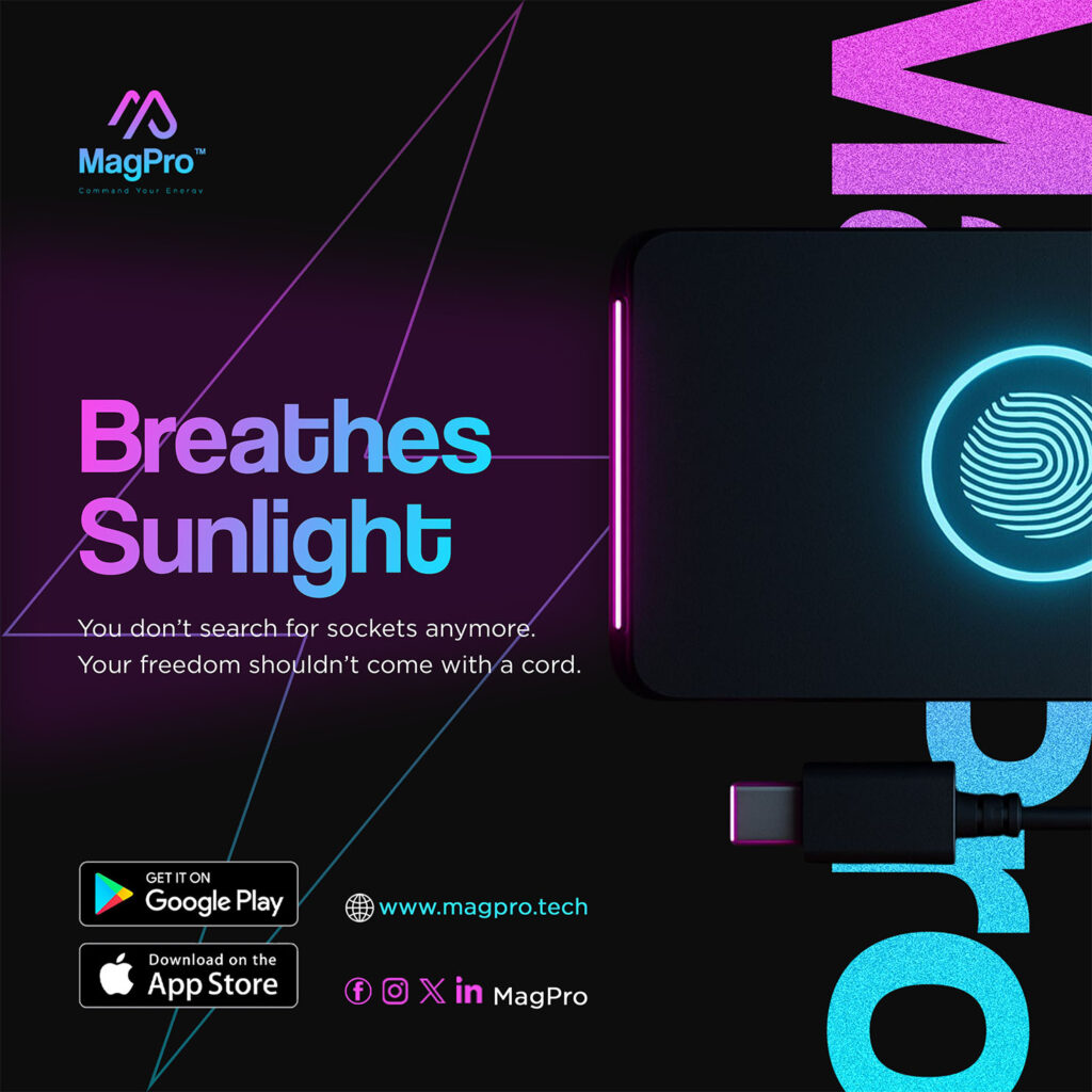 A close-up of the MagPro power bank with the tagline 'Breathes Sunlight', a creative concept by invollv.