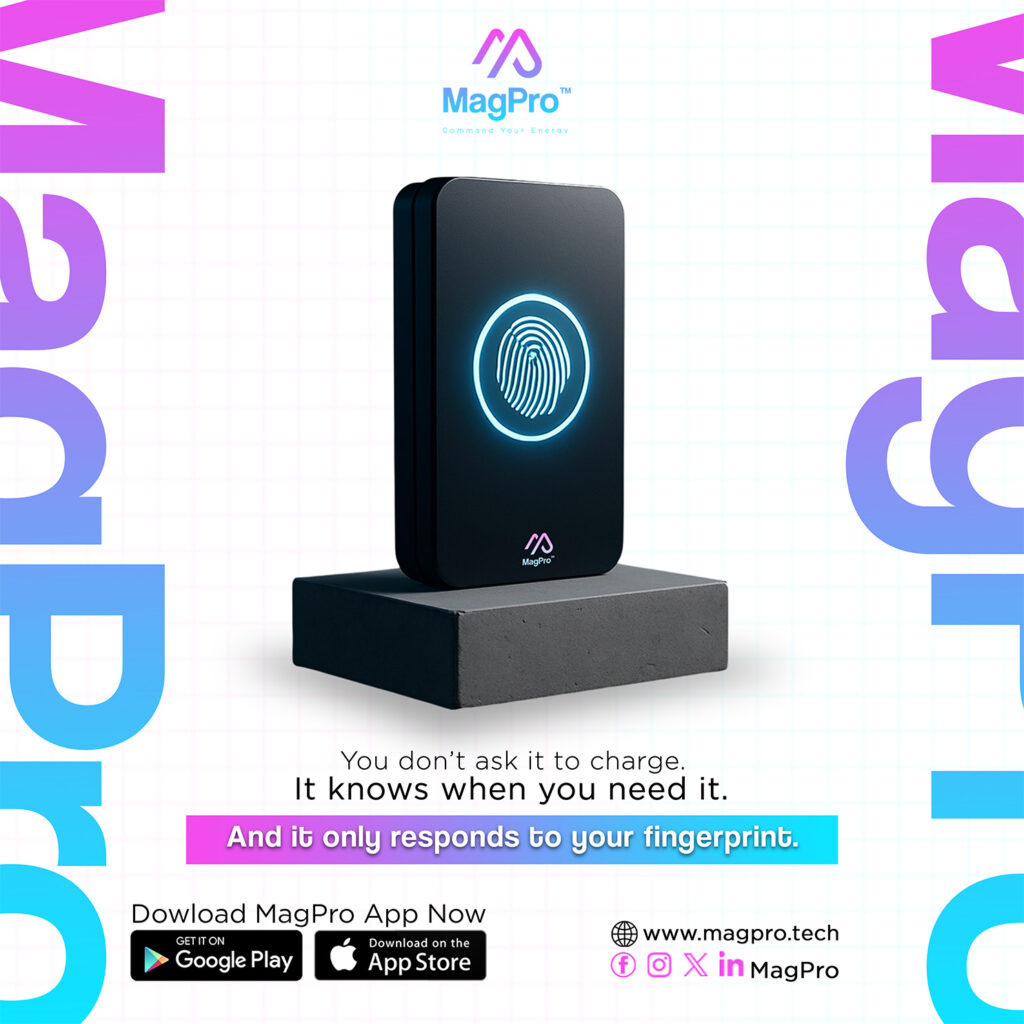 The MagPro smart power bank with a glowing blue fingerprint sensor, showcasing the secure product branding by invollv