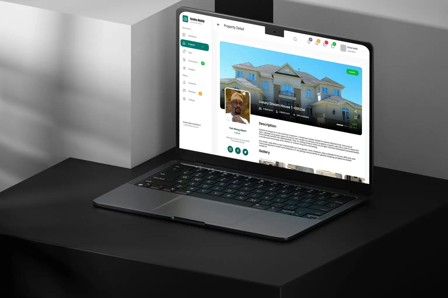 A laptop displaying the property detail page of the Homina real estate management software, showing a luxury home's profile, description, and agent information.