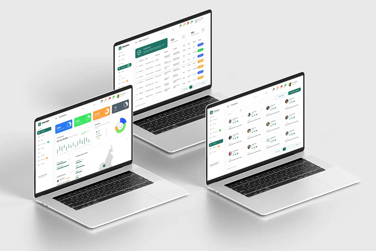 Three laptops showcasing different screens from the Homina real estate admin dashboard, including analytics, customer lists, and property data tables